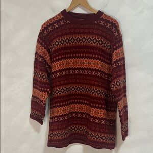 Vintage 90s Benetton Shetland Wool Fair Isle Pattern Knit Sweater Size XL Red